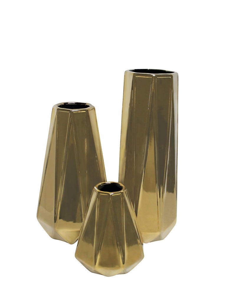 Deco 79 Ceramic Decorative Vase Geometric Centerpiece Vases, Set of 3 Flower Vases for Home Decoration 14", 11", 7"H, Gold - Image 1
